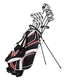 18 Piece Men's Complete Golf Club Package Set With Titanium Driver, #3 & #5 Fairway Woods, #4 Hybrid, 5-SW Irons, Putter, Stand Bag, 4 H/C's (Red, Tall Size +1')